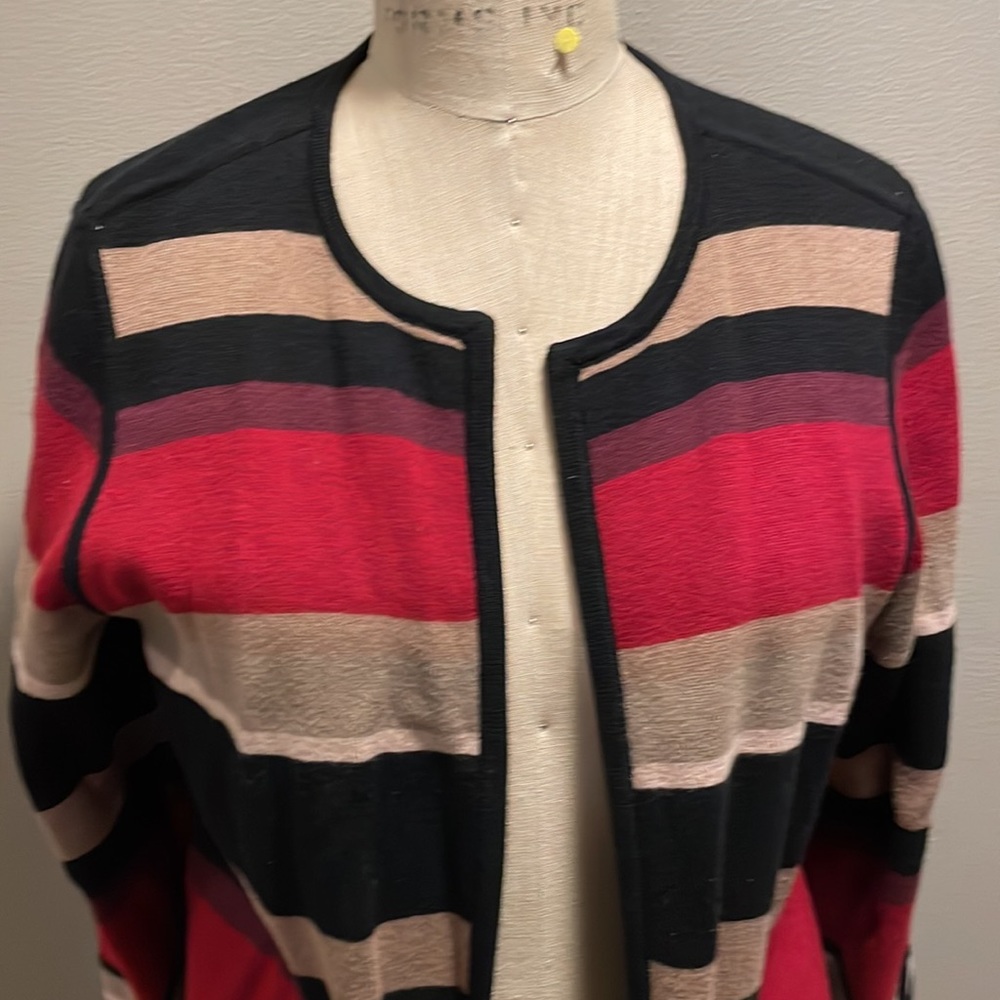 Chico’s Reversible striped cardigan (black, tan, red, purple)